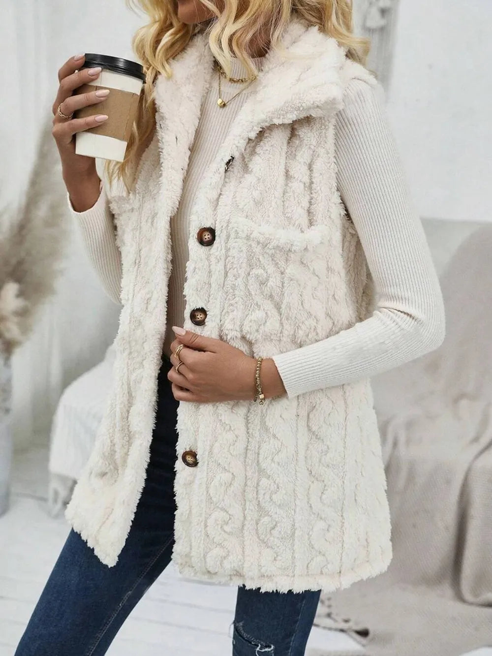 Fashorio Vests Fuzzy Button Up Vest Coat