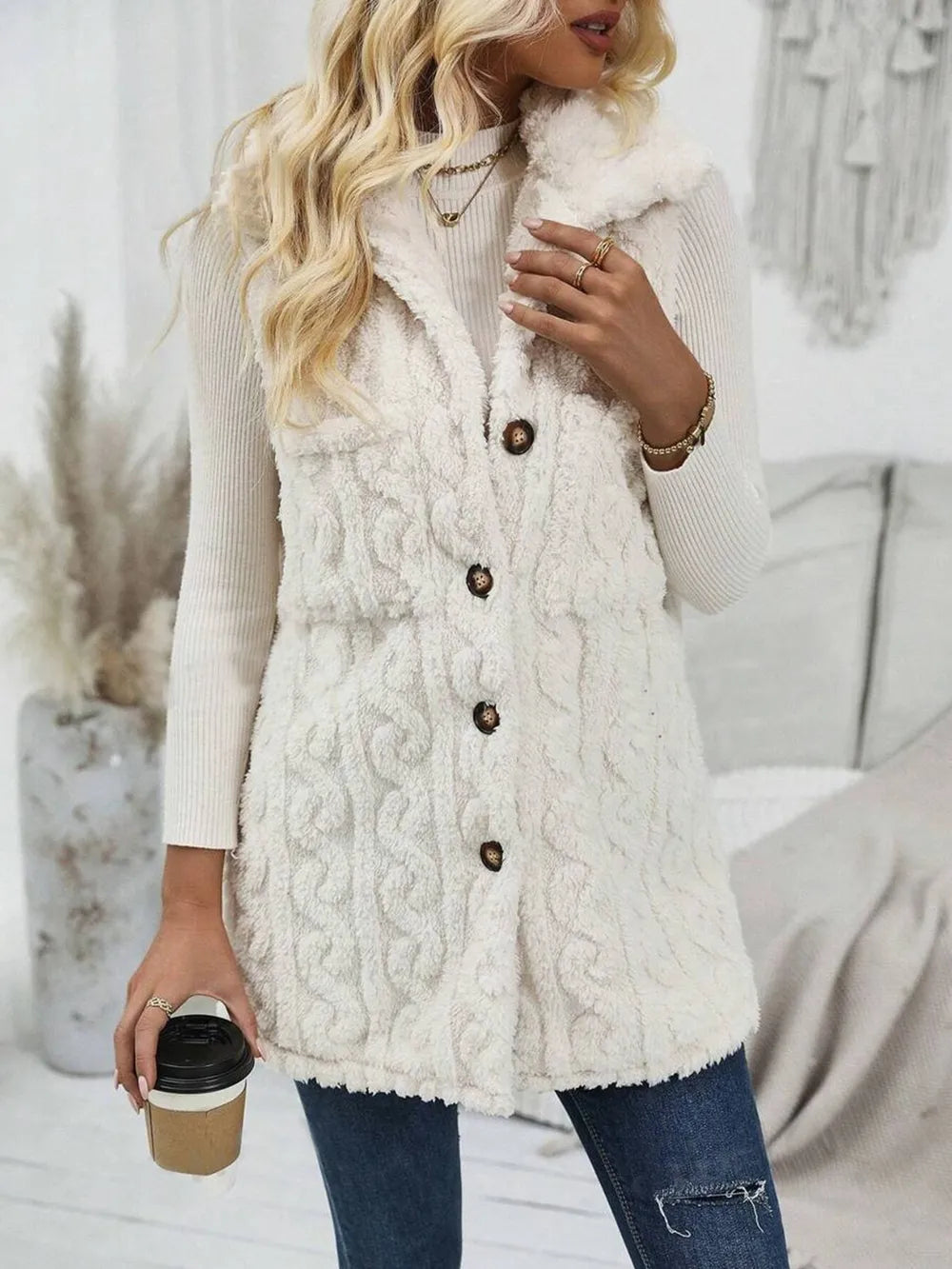 Fashorio Vests Fuzzy Button Up Vest Coat