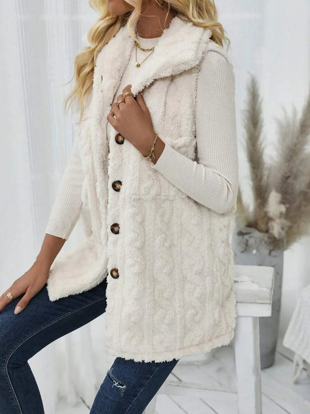 Fashorio Vests Fuzzy Button Up Vest Coat