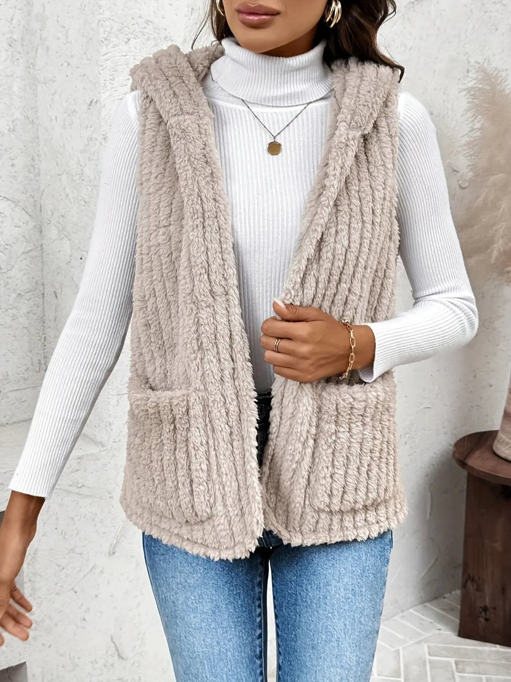 Fashorio Vests Fuzzy Hooded Vest with Pockets
