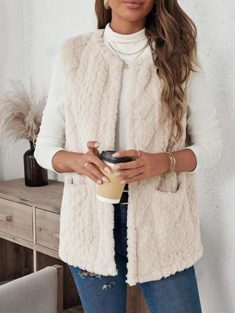 Fashorio Vests Fuzzy Open Front Vest with Pockets