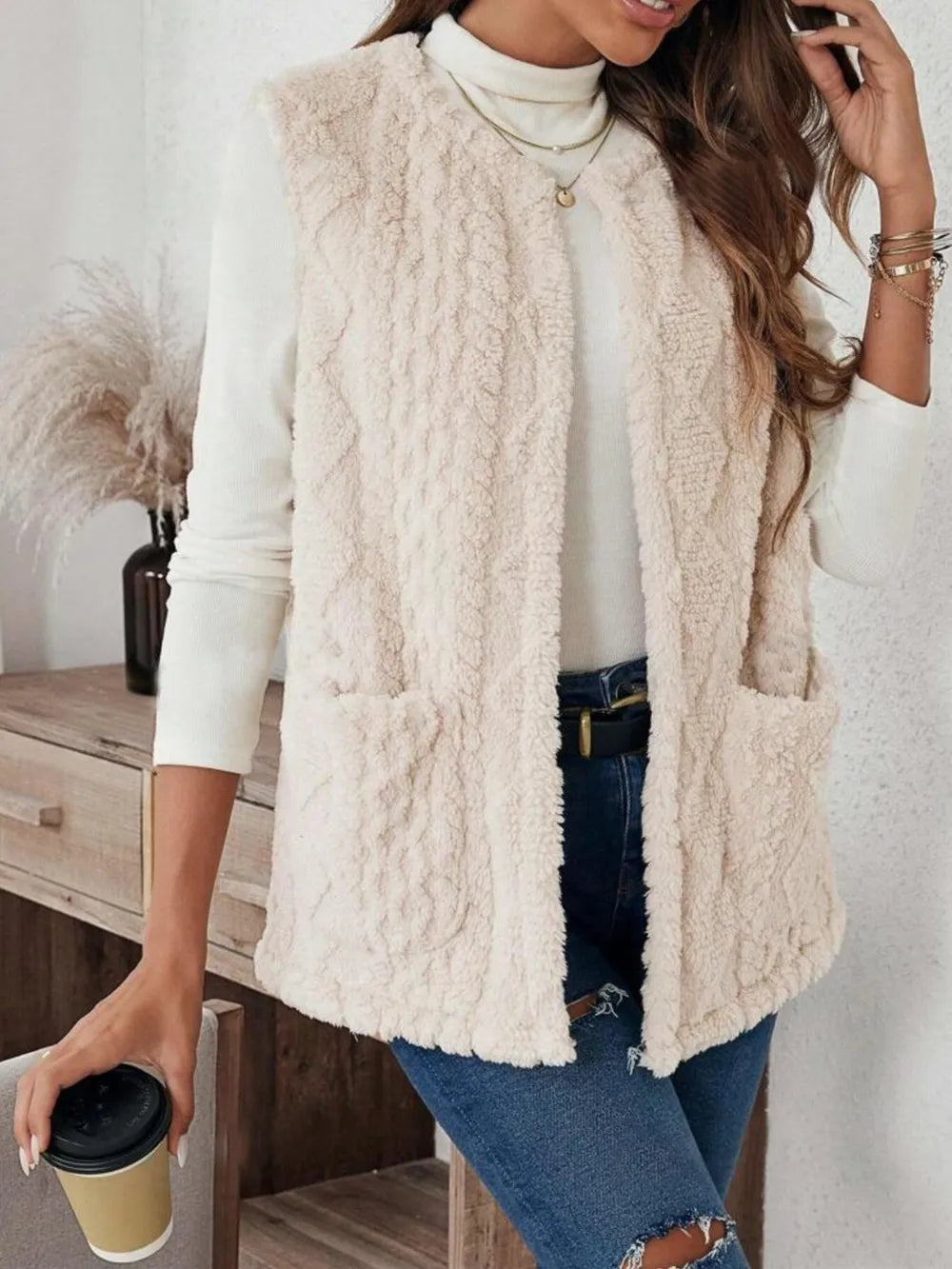 Fashorio Vests Fuzzy Open Front Vest with Pockets