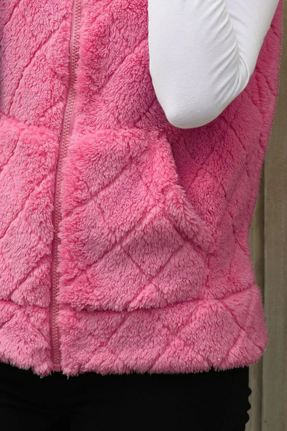 Fashorio Vests Fuzzy Plaid Texture Zip Up Vest Coat