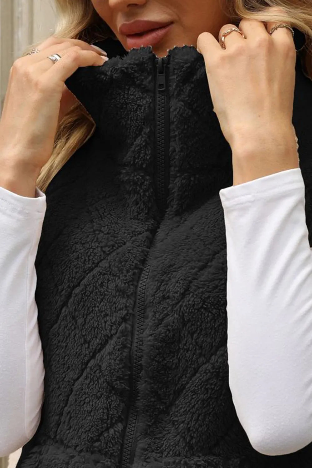 Fashorio Vests Fuzzy Plaid Texture Zip Up Vest Coat