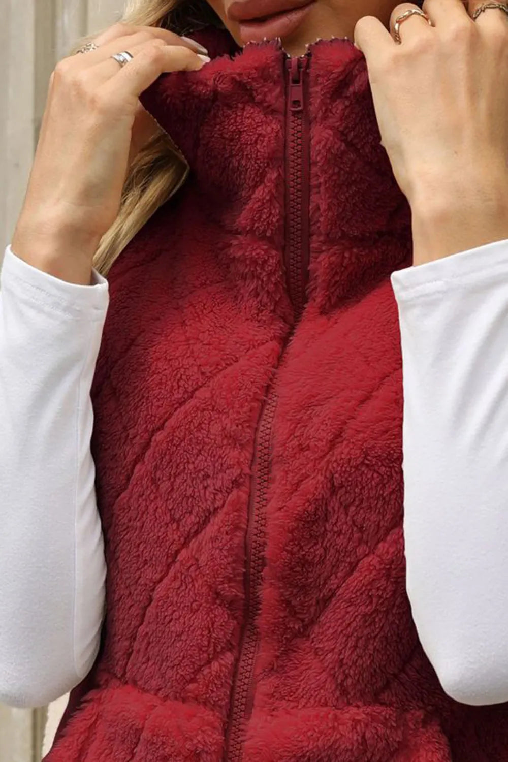 Fashorio Vests Fuzzy Plaid Texture Zip Up Vest Coat