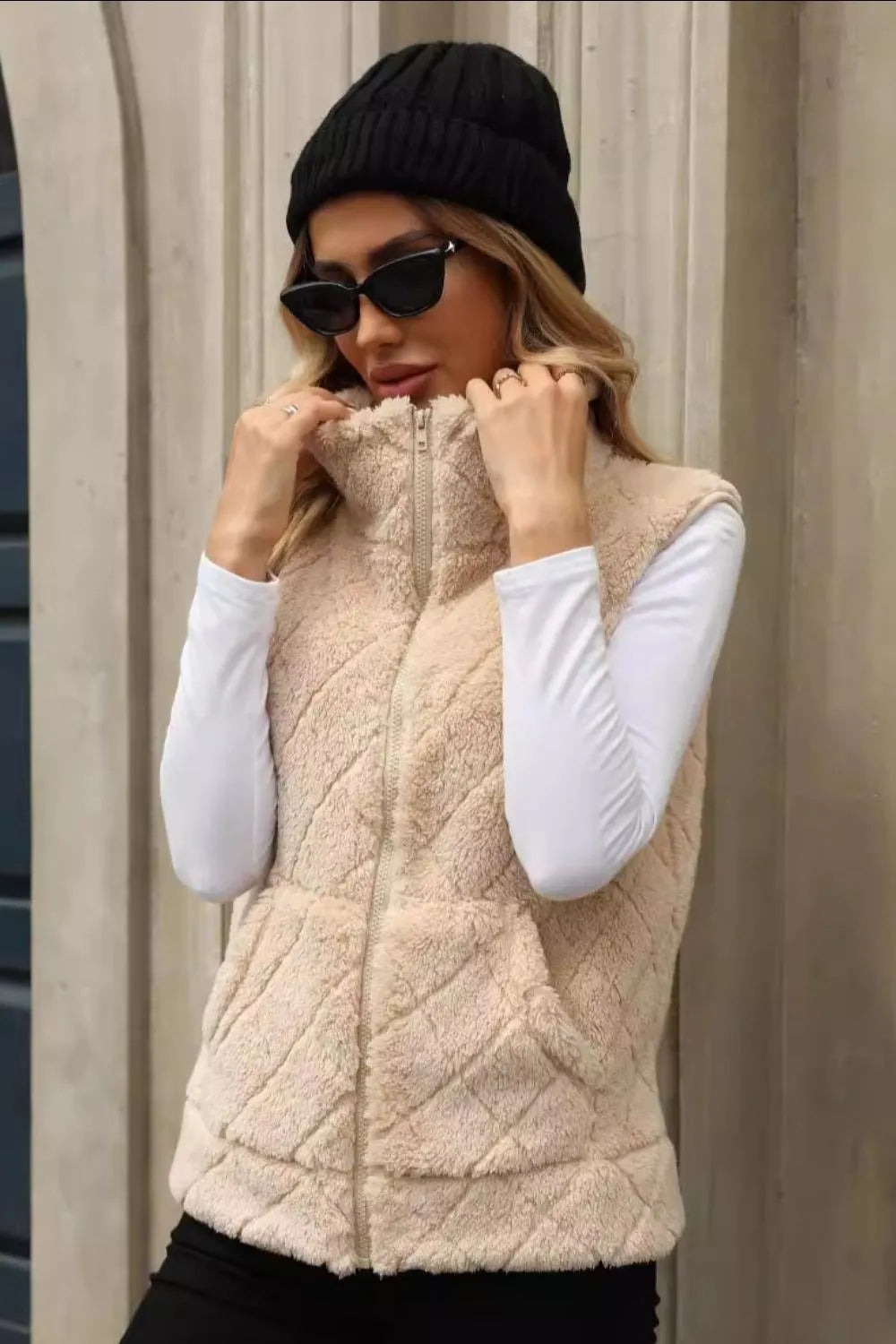 Fashorio Vests Fuzzy Plaid Texture Zip Up Vest Coat