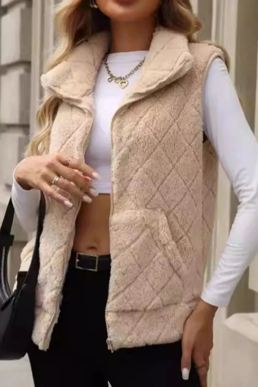 Fashorio Vests Fuzzy Plaid Texture Zip Up Vest Coat