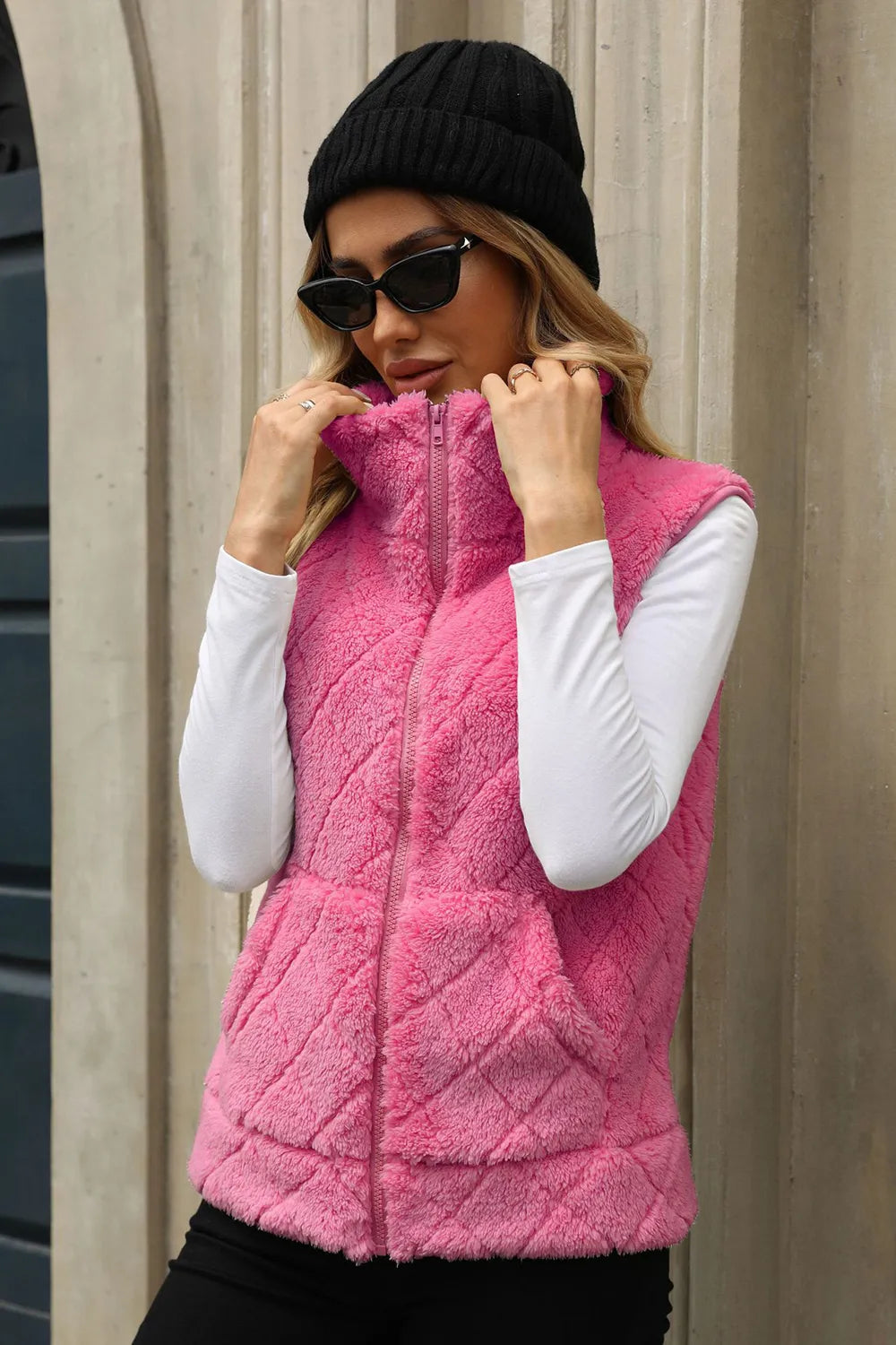 Fashorio Vests Hot Pink / S Fuzzy Plaid Texture Zip Up Vest Coat