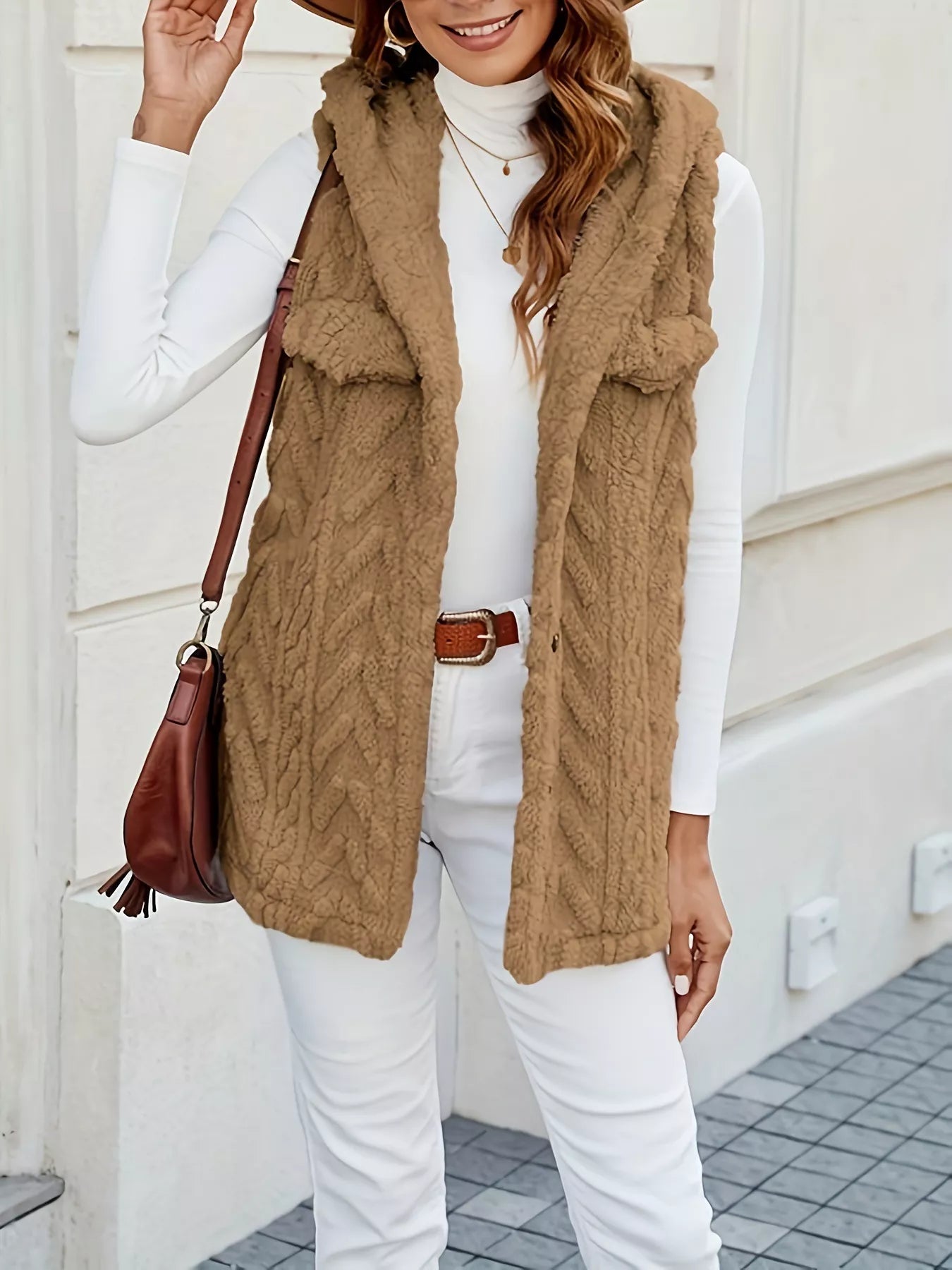 Fashorio Vests Khaki / S Button-Front Hooded Vest Coat