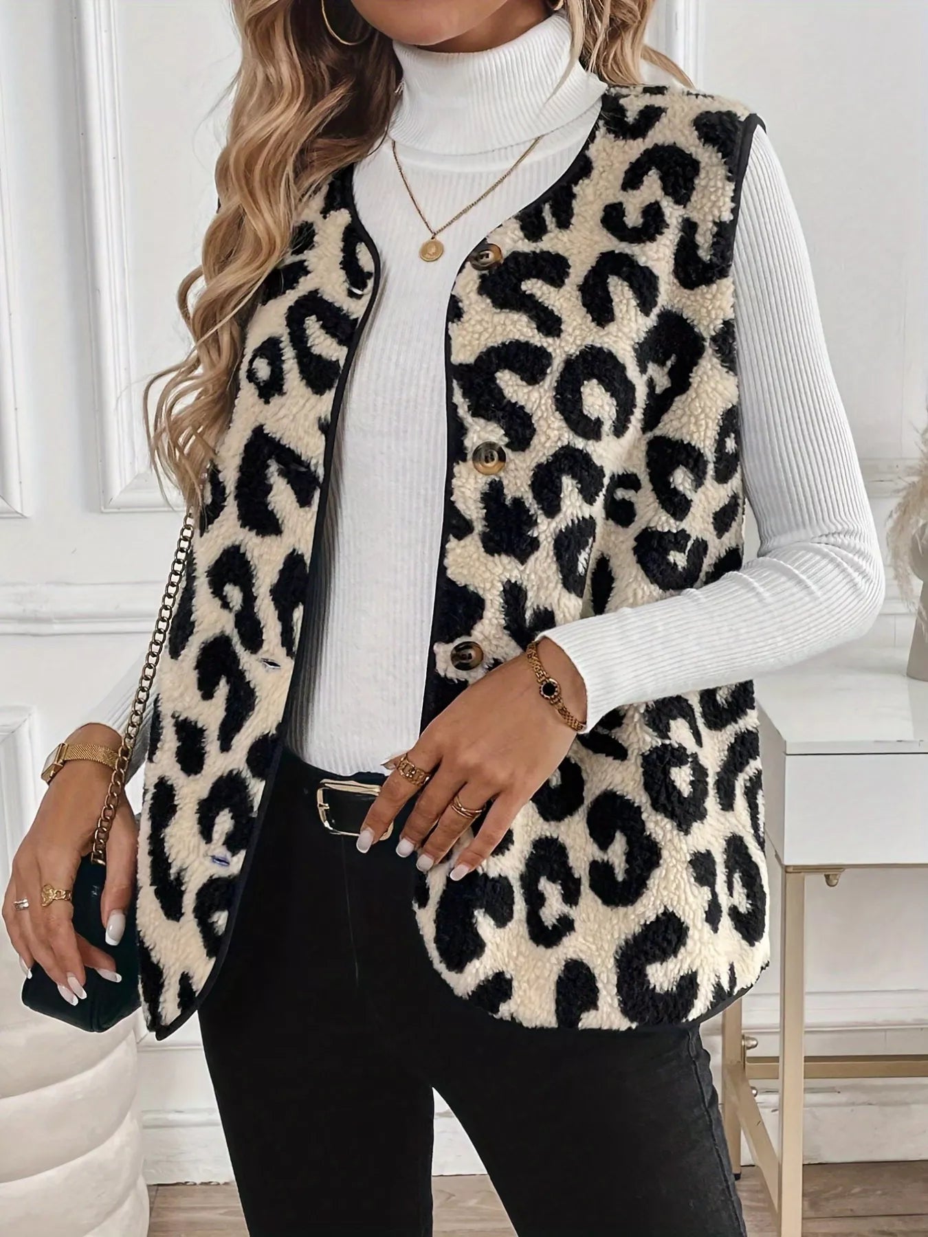 Fashorio Vests Leopard Sherpa Vest Coat