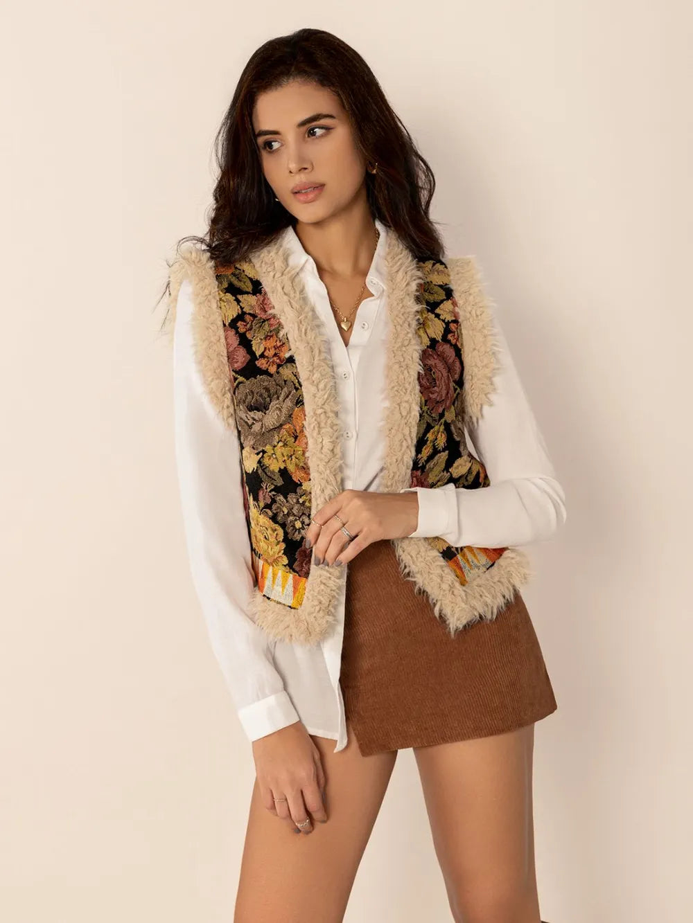 Fashorio Vests Multicolor / S Embroidered Fuzzy Trim Open Front Vest Coat