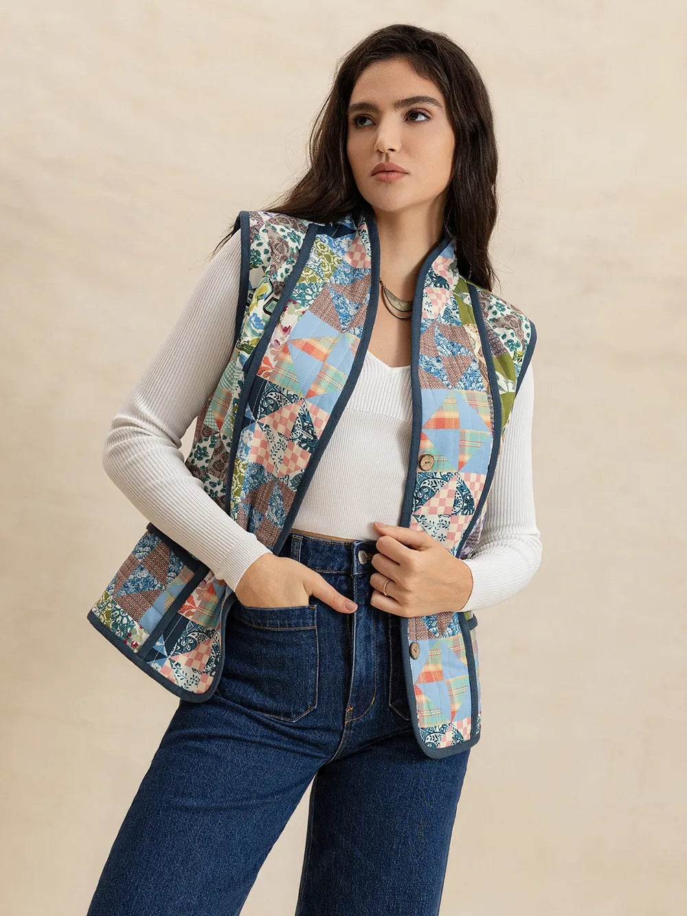 Fashorio Vests Multicolor / S Printed Patchwork Contrast Piping Vest