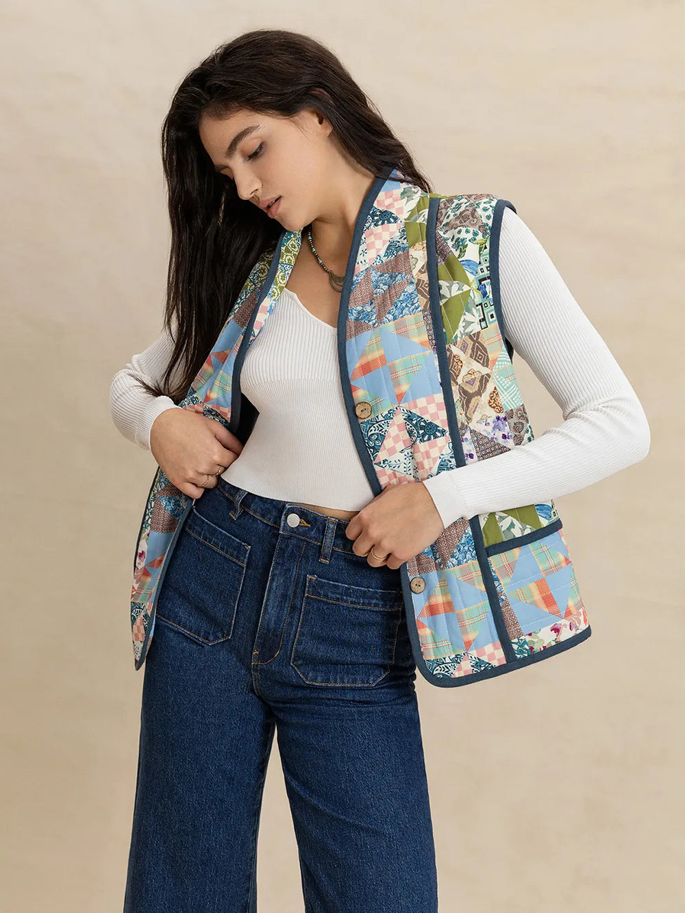 Fashorio Vests Printed Patchwork Contrast Piping Vest