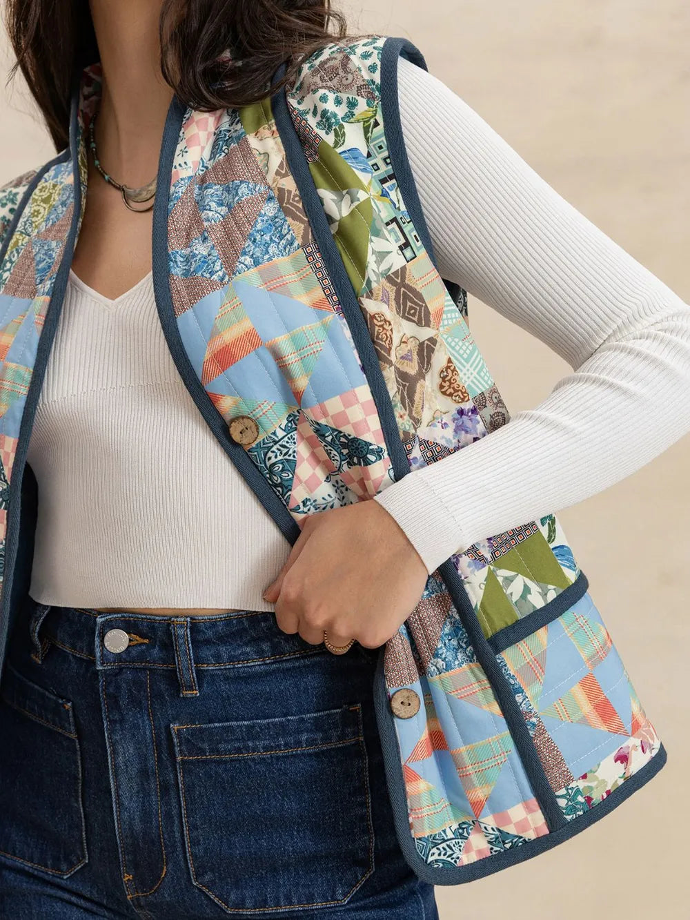 Fashorio Vests Printed Patchwork Contrast Piping Vest