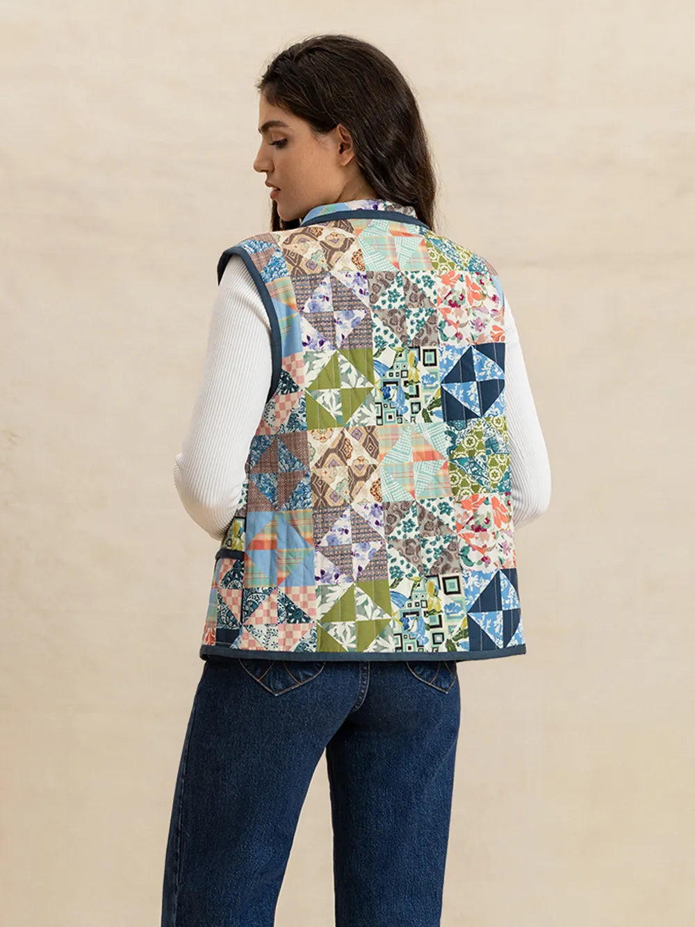 Fashorio Vests Printed Patchwork Contrast Piping Vest