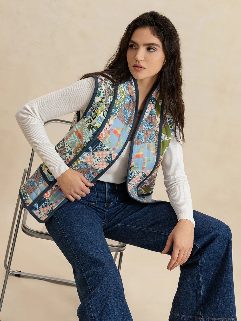Fashorio Vests Printed Patchwork Contrast Piping Vest