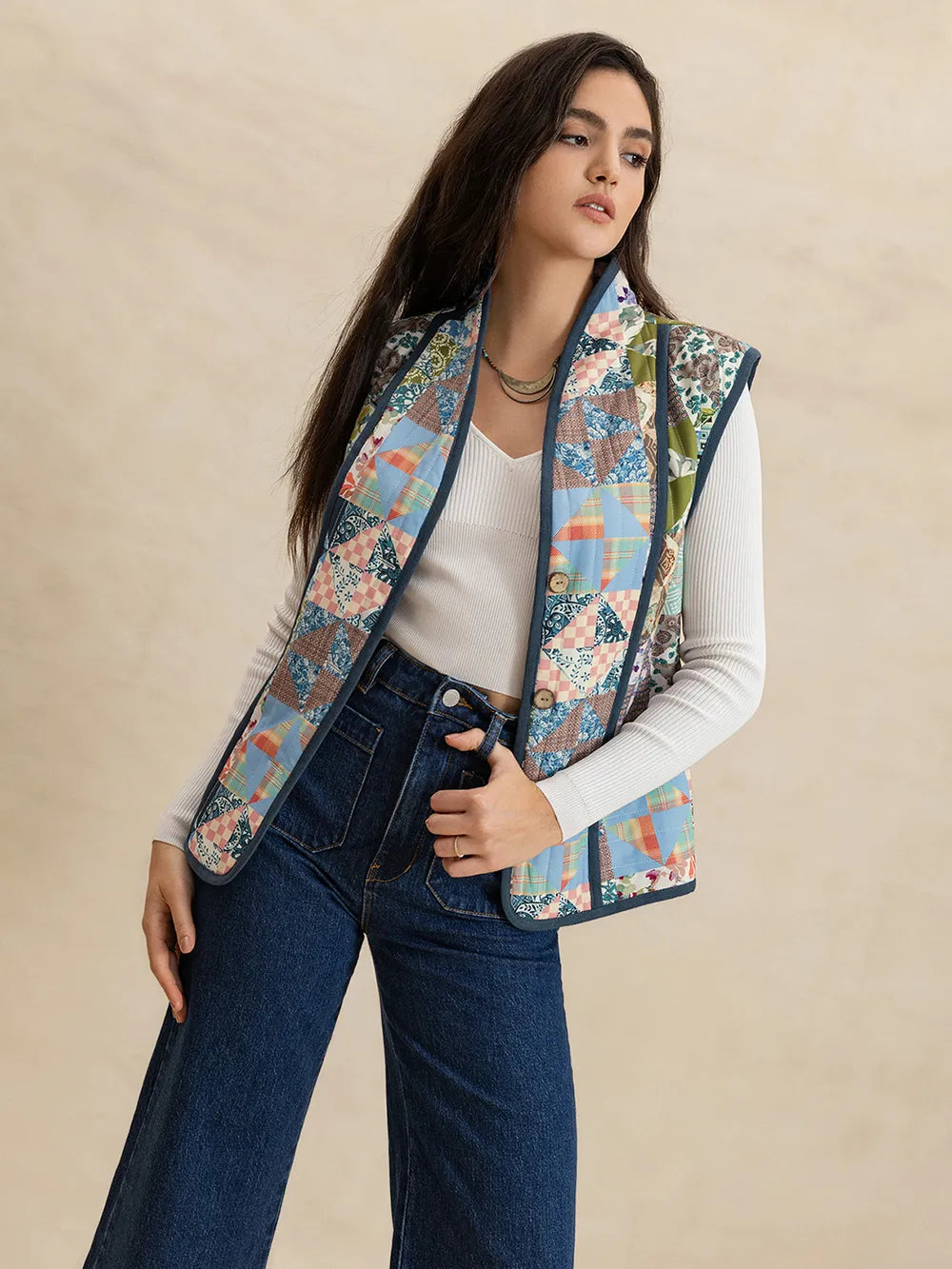 Fashorio Vests Printed Patchwork Contrast Piping Vest
