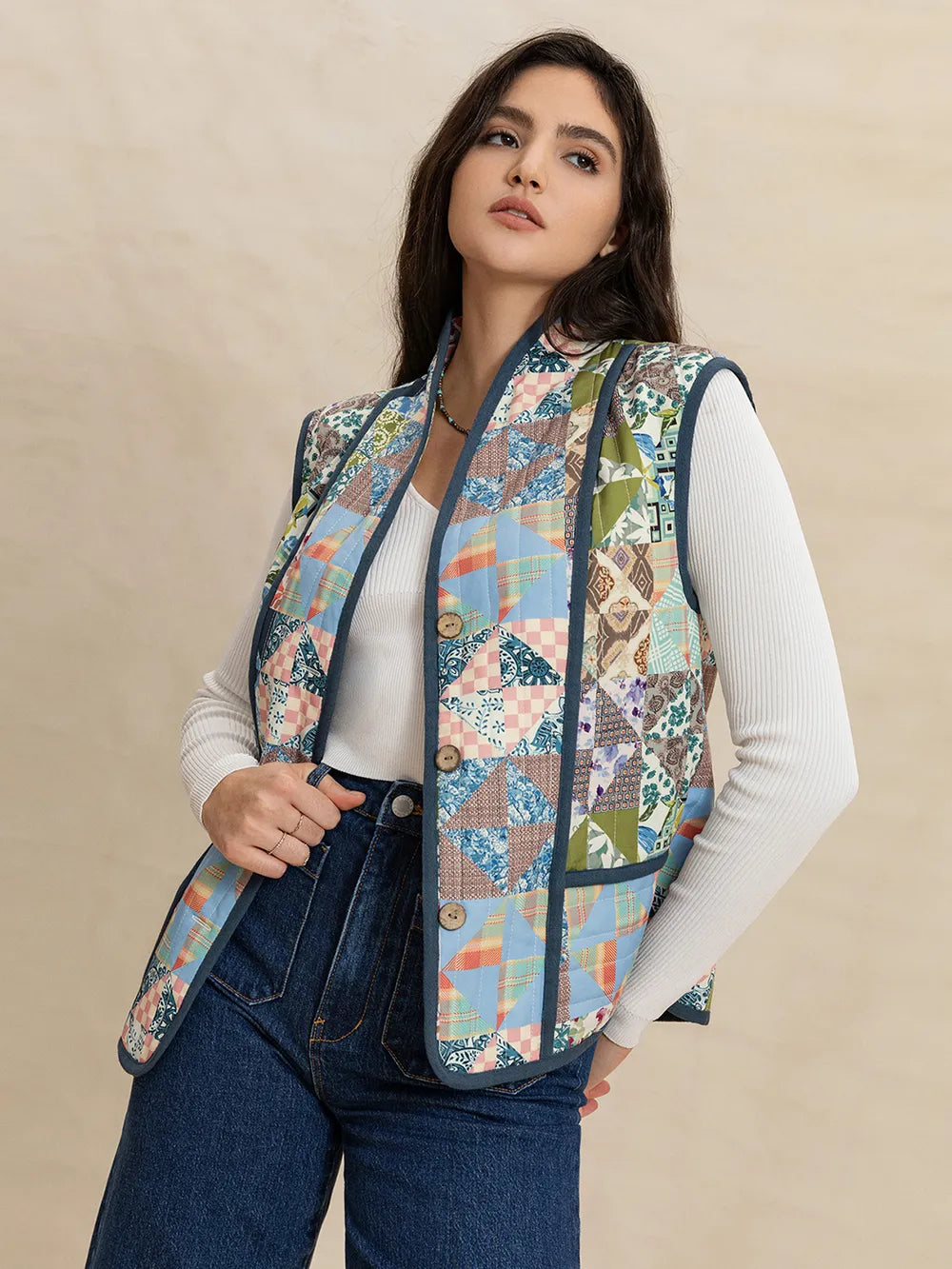 Fashorio Vests Printed Patchwork Contrast Piping Vest
