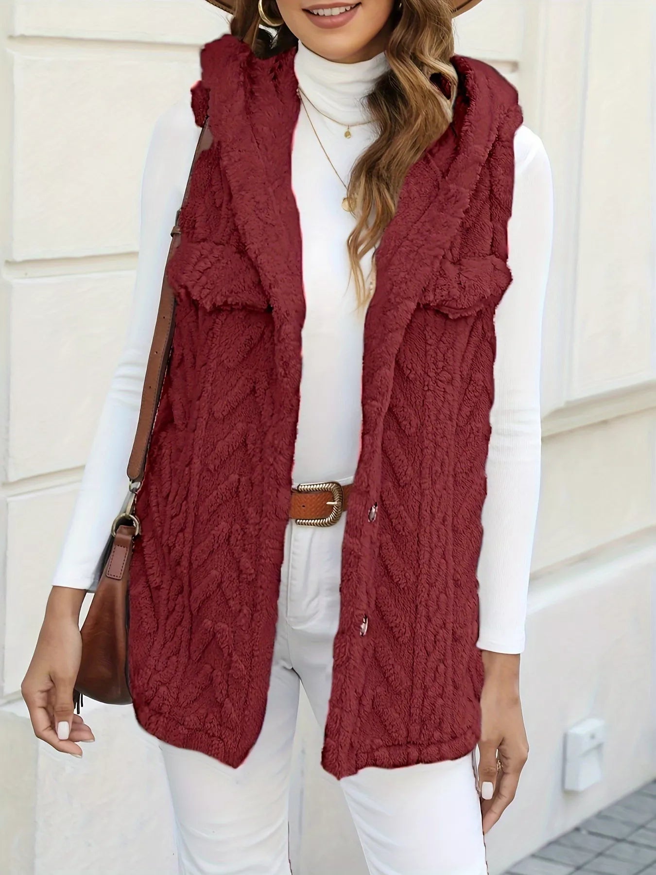 Fashorio Vests Red / S Button-Front Hooded Vest Coat