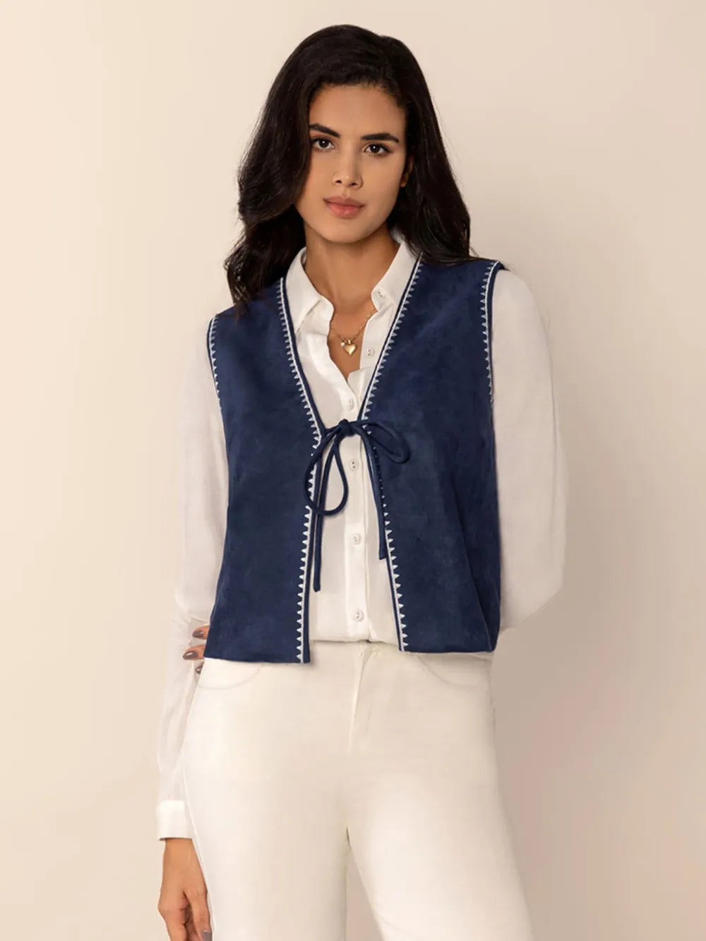 Fashorio Vests Tied Contrast Trim Vest