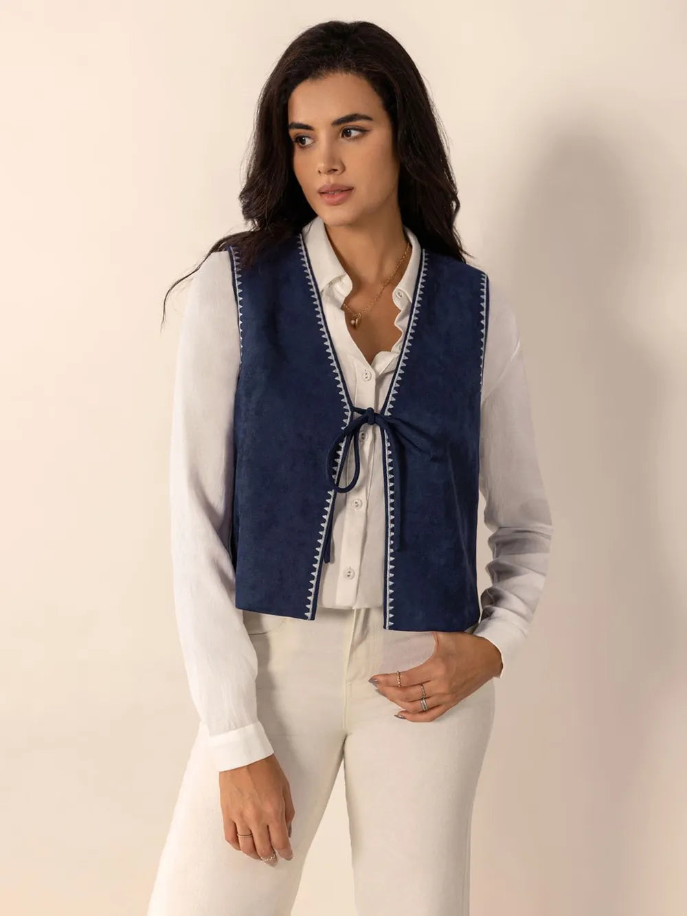 Fashorio Vests Tied Contrast Trim Vest