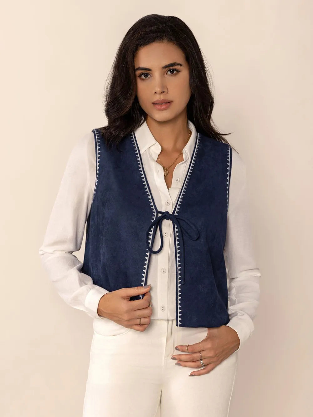 Fashorio Vests Tied Contrast Trim Vest