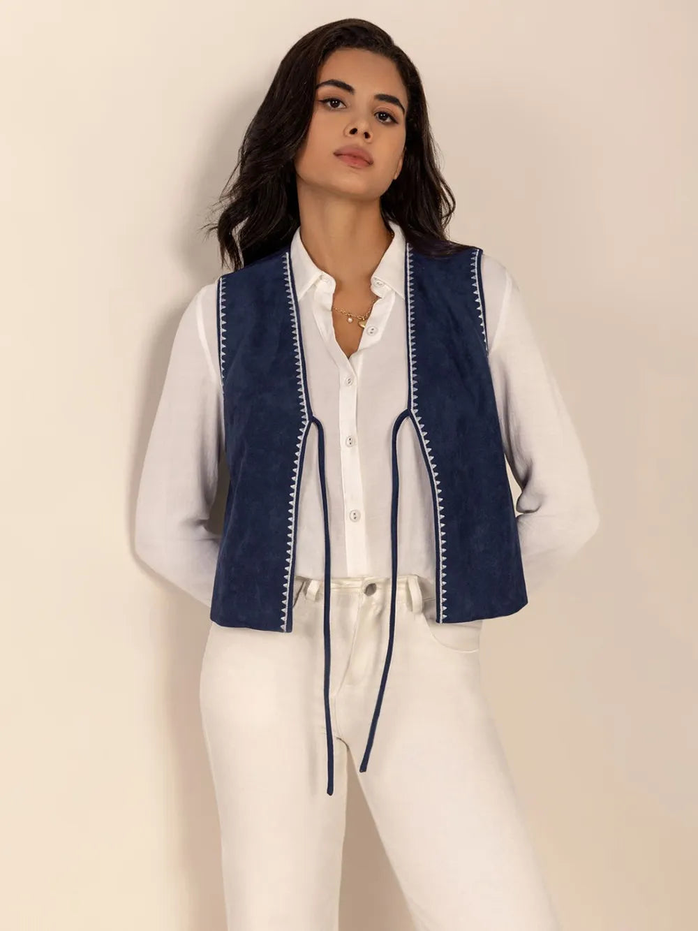 Fashorio Vests Tied Contrast Trim Vest