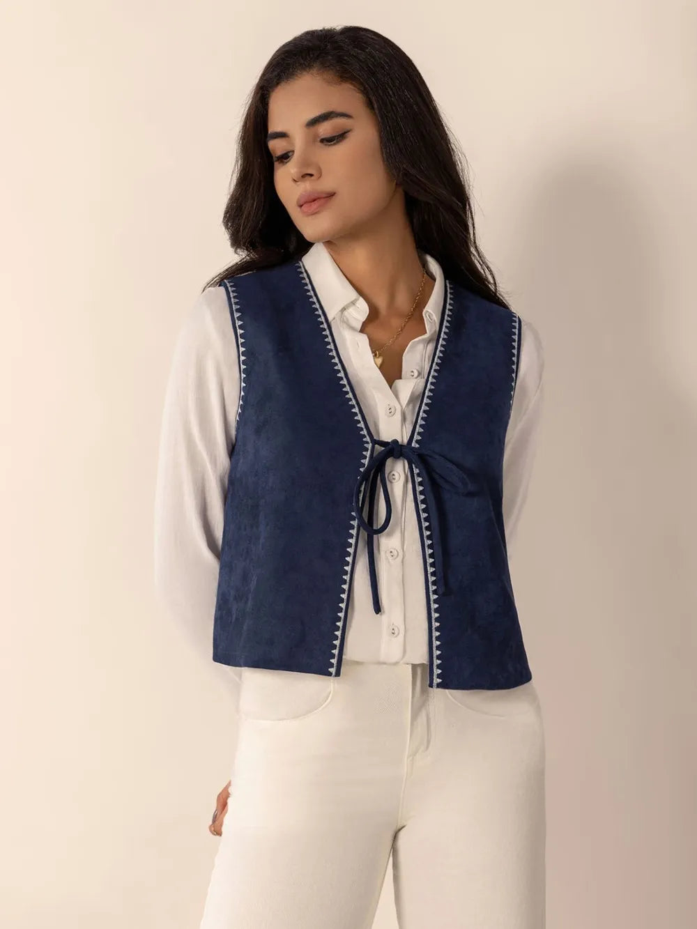 Fashorio Vests Tied Contrast Trim Vest