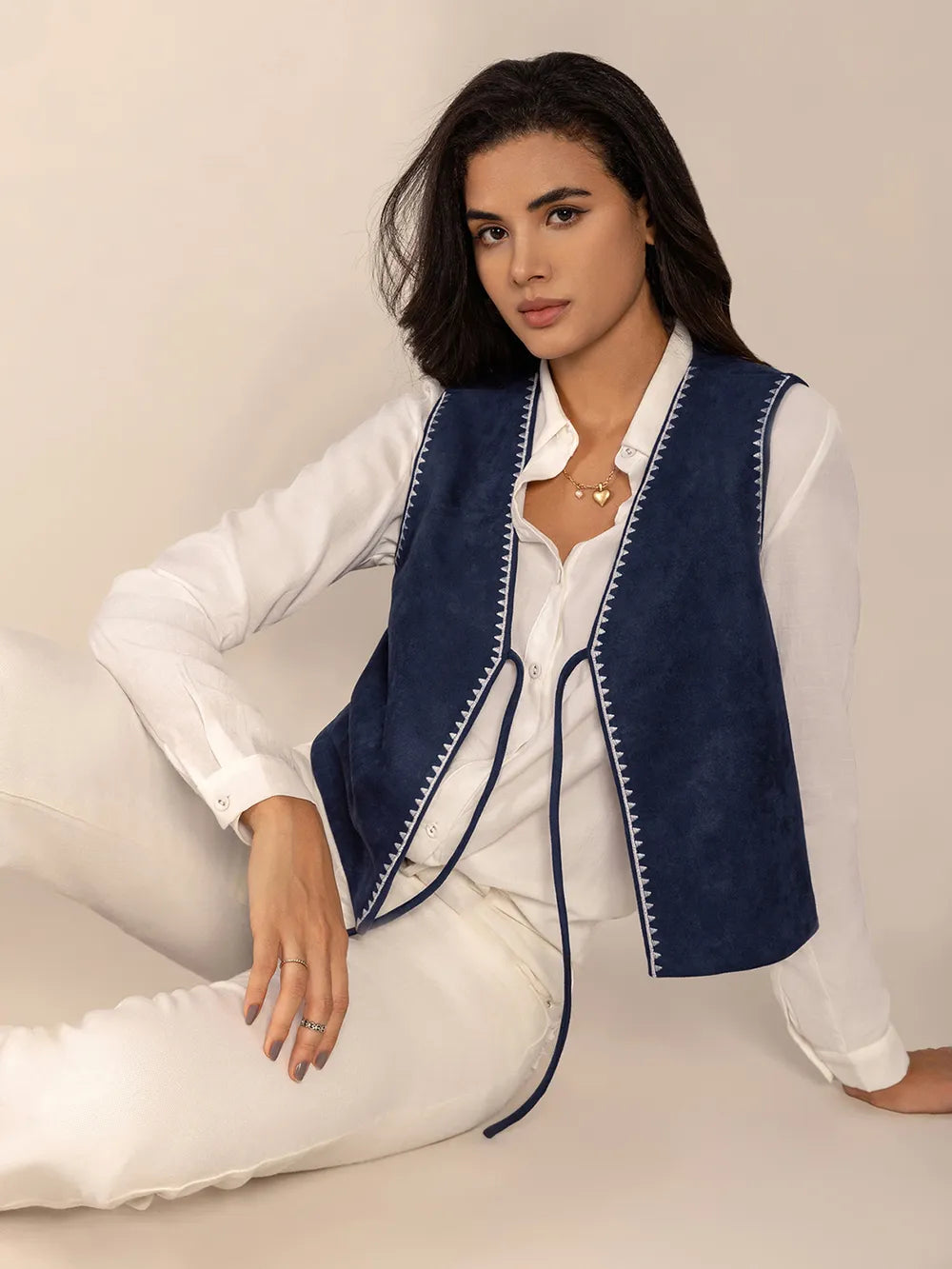 Fashorio Vests Tied Contrast Trim Vest
