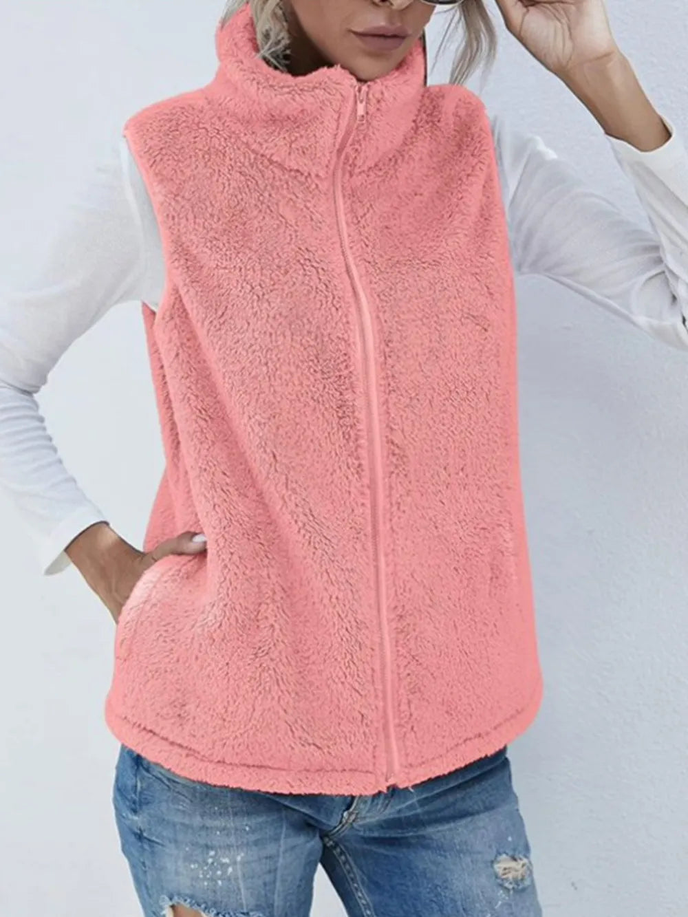 Fashorio Vests Watermelon pink / S Full Size Fuzzy Zip Up Vest Coat with Pockets