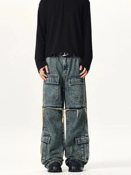 Men's Vintage Wash Multi-Pocket Cargo Jeans Vintage Blue - Fashorio