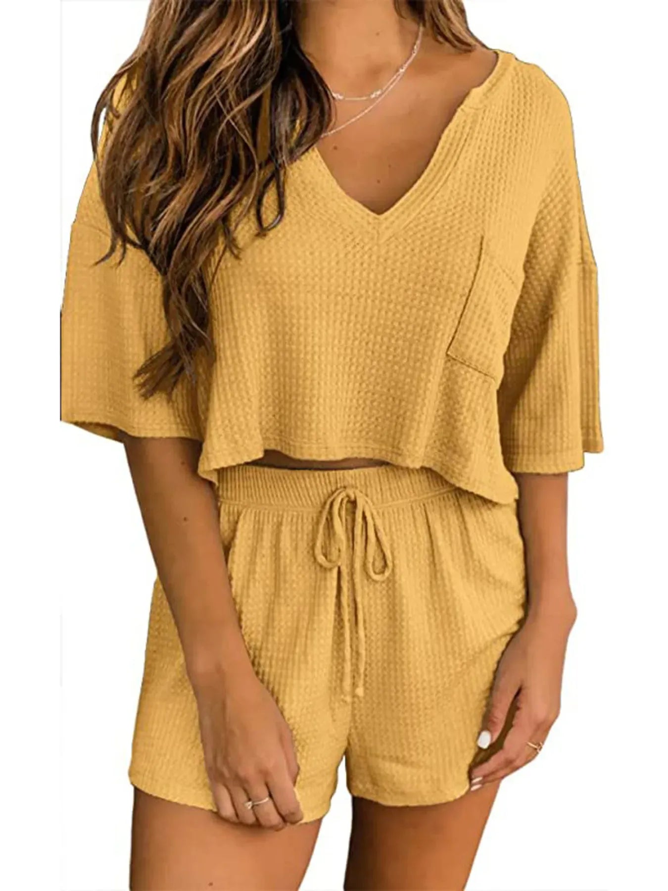 Fashorio Waffle Knit Top and Shorts Lounge Set