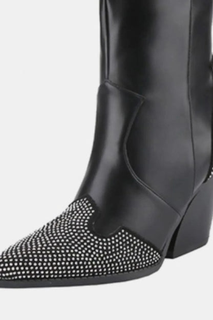Weeboo Chunky Heel Rhinestone Decor Western Boots - Fashorio