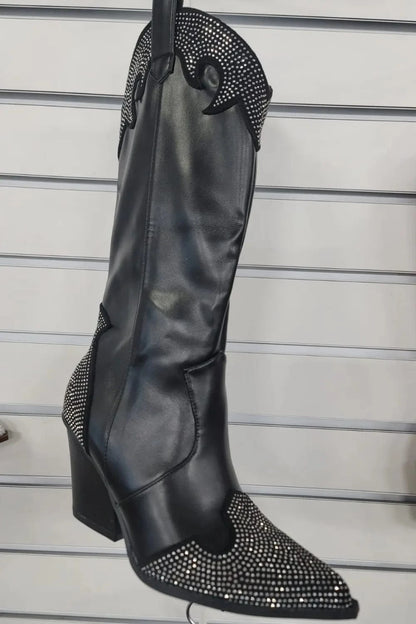 Weeboo Chunky Heel Rhinestone Decor Western Boots - Fashorio