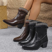 Fashorio Western Embroidered Trim Boots with Block Heel