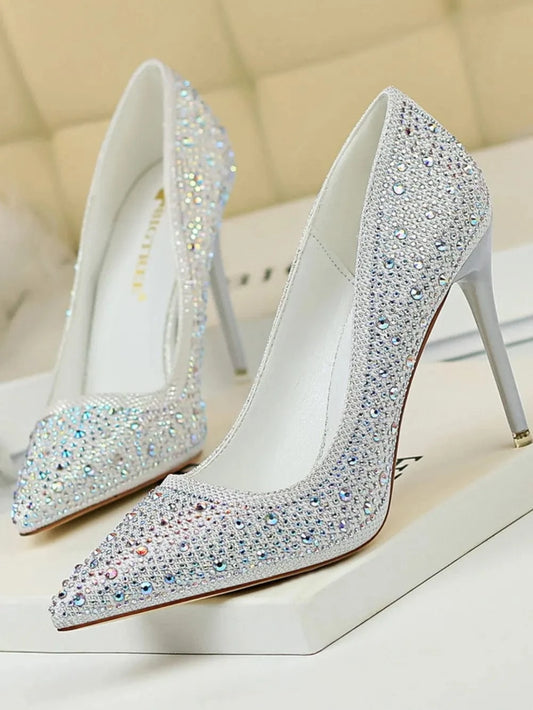 Point Toe Rhinestone Decor Stiletto Pumps White - Fashorio