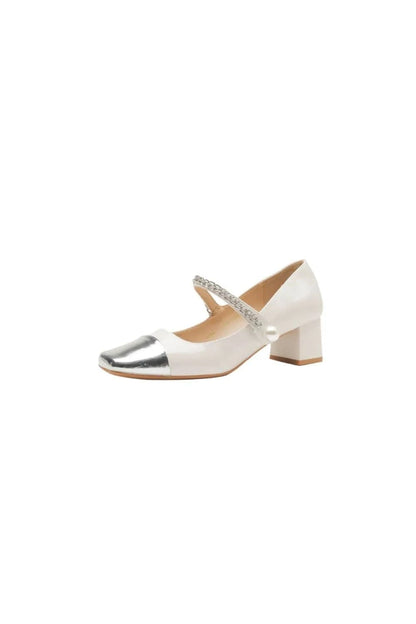 Square Toe Block Heels Pumps White - Fashorio