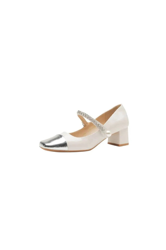 Square Toe Block Heels Pumps White - Fashorio