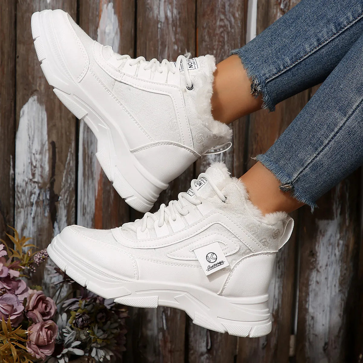 Fashorio White / 35 High-Top Platform Chunky Sneaker Boots with Lace-Up