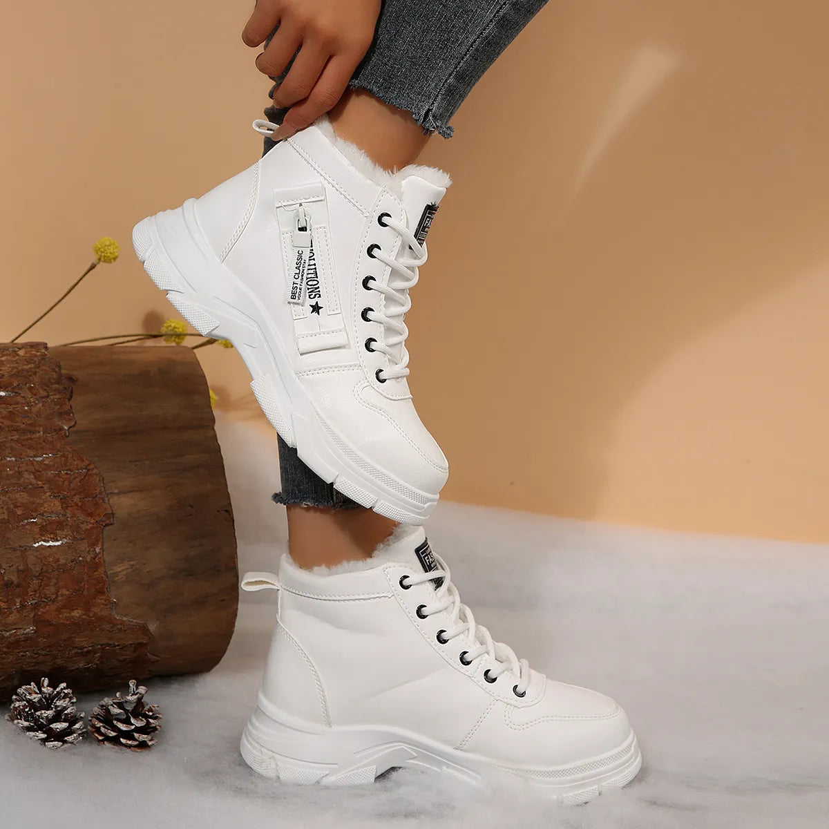 Fashorio White / 35 Premium Lace-Up Combat Boots with Fleece Line