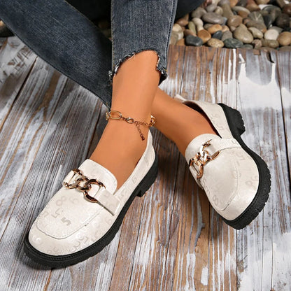 Round Toe Block Heels Loafers White - Fashorio