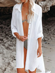 Fashorio White / One Size Button Up Roll-Tab Sleeve Cover-Up