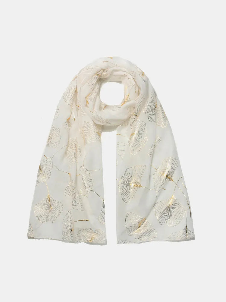 Fashorio White / One Size Ginkgo Leaf Polyester Scarf