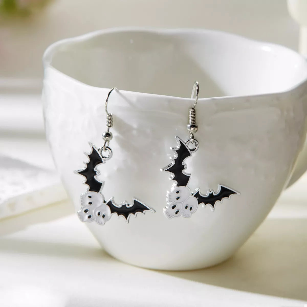 Fashorio White / One Size Halloween Bat Drop Earrings