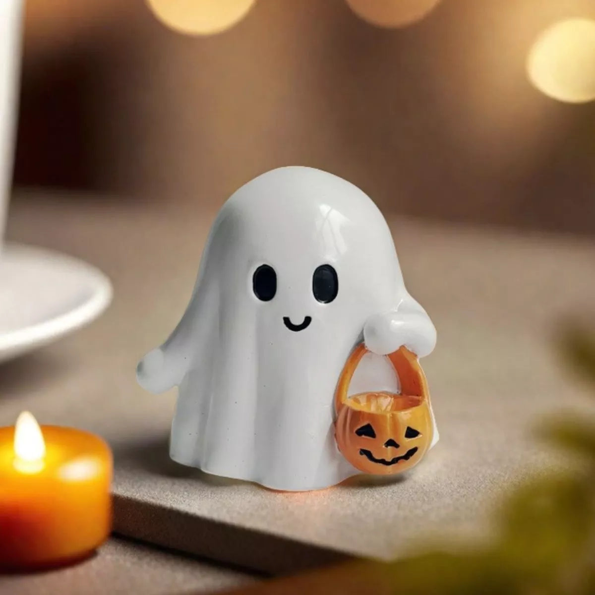 Fashorio White / One Size Halloween Ghost Ornament with Pumpkin Basket