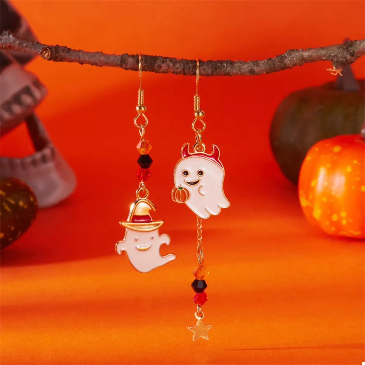 Fashorio White / One Size Halloween Ghost Pumpkin Drop Earrings