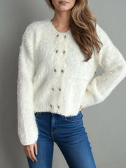 Fashorio White / One Size Heart Button Round Neck Cardigan