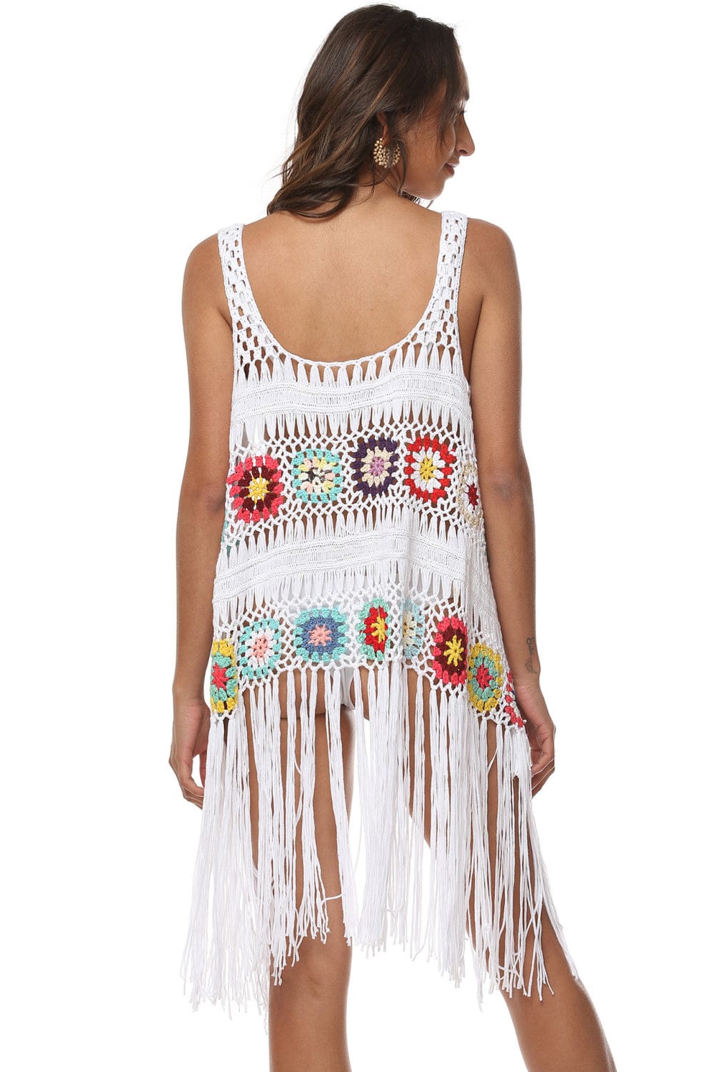 Fashorio White / One Size Openwork Fringe Detail Embroidery Sleeveless Cover-Up