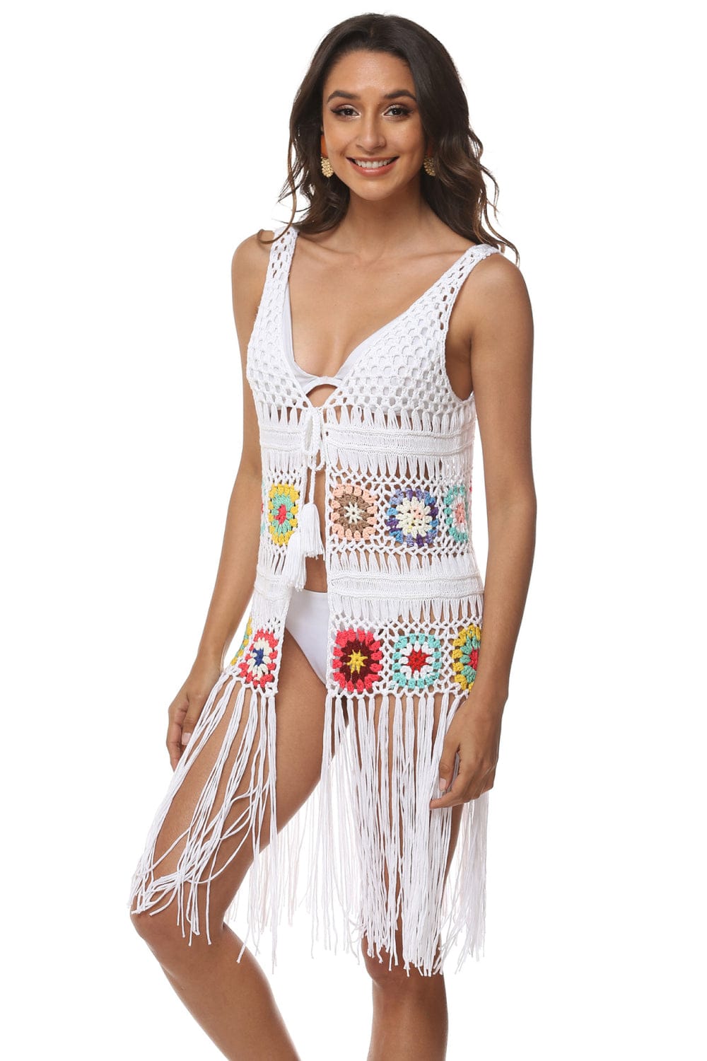 Fashorio White / One Size Openwork Fringe Detail Embroidery Sleeveless Cover-Up