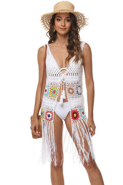 Fashorio White / One Size Openwork Fringe Detail Embroidery Sleeveless Cover-Up